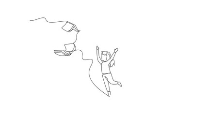 Poster - Animation of single continuous line drawing the books flies and wants to be caught by the girl who is below it. Reading is fun. Knowledge. International of Children Book Day. Full length motion