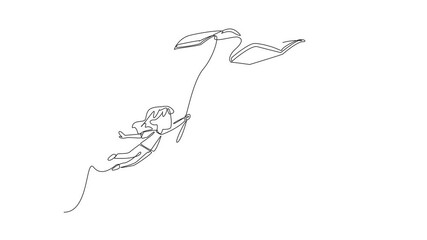 Poster - animated self drawing of single continuous line drawing a girl flies while holding a rope tied to 5 