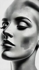 Poster - Abstract Monochrome Portrait of a Woman with Eyes Closed, Capturing Serenity and Inner Peace Through Dotted Lines Technique