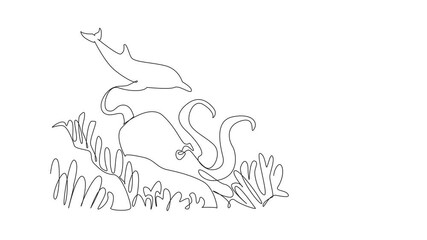 Poster - Self drawing animation of single continuous line drawing view in the depths of the sea. Whale, dolphin and octopus. Balance of the ecosystem in sea. World Aquatic Animal Day. Full length animated