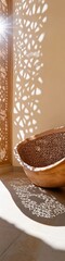 Poster - Artisanal Wellness Sanctuary Handcrafted Wooden Bowl with Intricate Shadow Play - Mindful Living and Cultural Heritage Design for Holistic Interiors