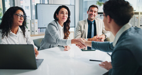 Poster - Accountant, finance or business people shaking hands in meeting for planning, charts or capital growth. Handshake, accounting agreement or happy financial advisor with investor, graphs or directors