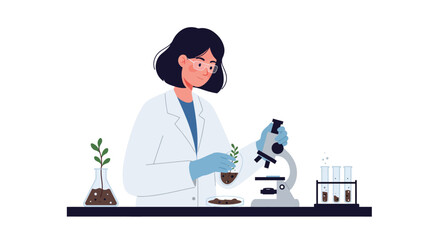 Poster - Scientist examining plant samples with microscope in detailed flat vector art