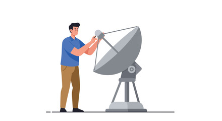 Poster - Man adjusting satellite dish in flat vector illustration style for digital communication design