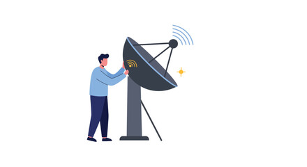 Poster - Satellite dish setup illustration featuring a man in flat vector art