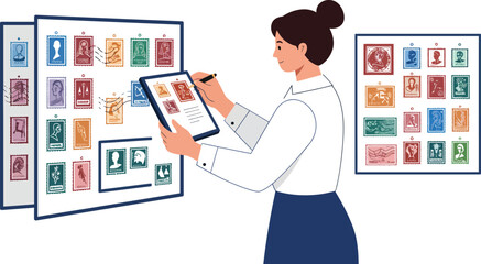Poster - Woman analyzing colorful stamp collection in flat vector art