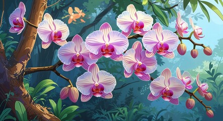 Orchid Flowers Blooming on a Tree Branch in Natural Habitat anime cartoon illustration design