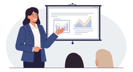 Poster - Business presentation with female speaker in flat vector art style showing growth charts