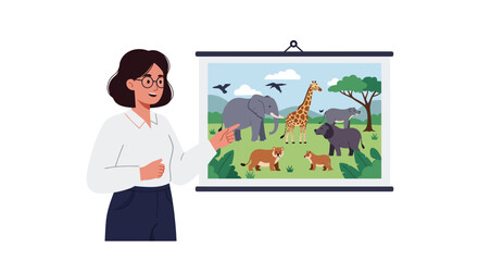 Poster - Woman presenting animal illustration on a screen in flat vector art