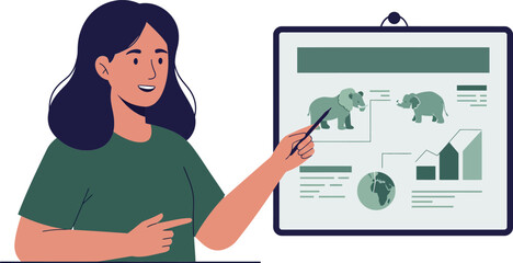 Poster - woman presenting data on wildlife conservation in flat vector art