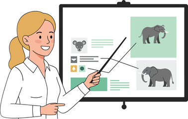 Poster - woman presenting animal facts with pointer in minimal flat vector art