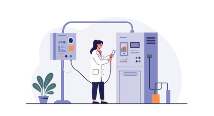 Poster - Scientist interacting with laboratory equipment in flat vector art style illustration