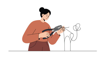 Poster - Woman using wire cutters to shape floral design in flat vector art