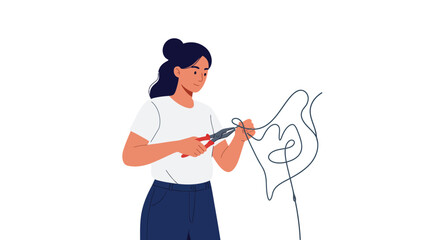 Poster - Woman cutting tangled wire with scissors in flat minimal vector art