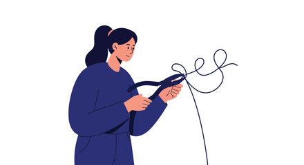 Poster - Woman untangling a cord in minimal flat style vector illustration