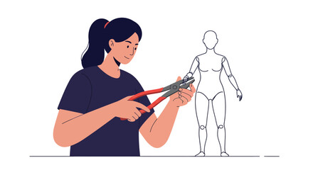 Poster - Woman using pliers to create a mannequin in flat vector art