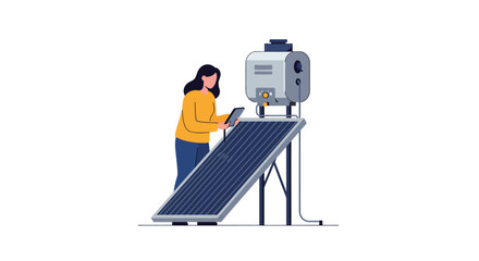 Poster - Woman interacting with solar panel in minimal flat design vector illustration