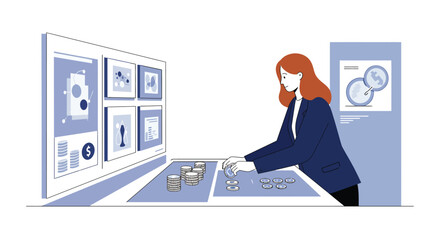 Poster - Businesswoman analyzing data on a digital interface in flat vector art