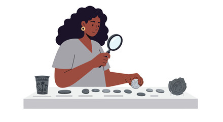 Poster - Woman examining artifacts with magnifying glass in minimal vector art