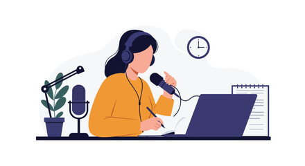 Poster - Person speaking into microphone while working on laptop in flat vector art