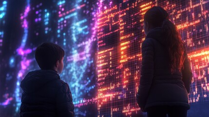 Poster - Children observing a digital family tree representation in a colorful, futuristic environment