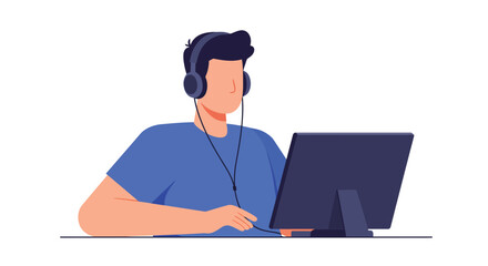 Poster - Person using computer with headphones in flat modern design vector art