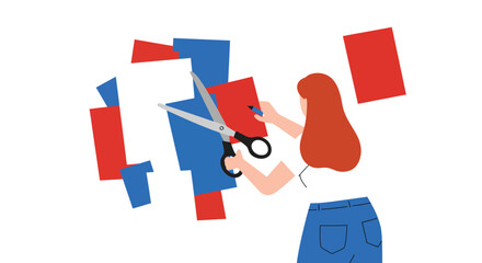 Poster - Woman cutting colorful paper shapes with scissors in flat vector art