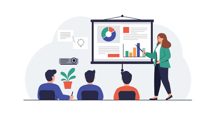 Poster - presentation scene featuring a speaker and audience in a flat design vector art