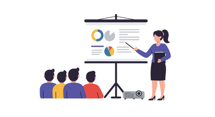 Poster - Business presentation scene with speaker and audience in flat vector art