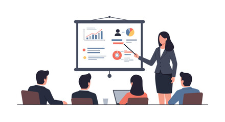 Poster - business presentation scene with professional speaker and audience in flat vector art