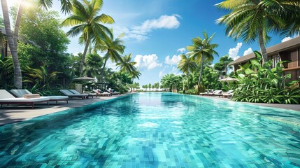 Poster - Exotic resort featuring crystal clear pool and lush surroundings for relaxation and leisure activities in a tropical paradise Generative AI