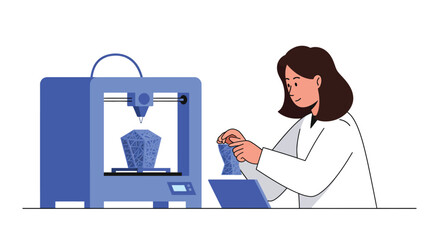 Poster - Woman operating a 3D printer in modern laboratory flat vector art