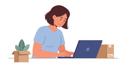 Poster - Woman using laptop at home with plant and boxes in flat vector illustration