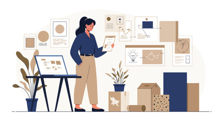 Poster - Woman analyzing project proposals in flat design vector art