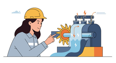 Poster - Worker engaging with machine in flat design style vector art