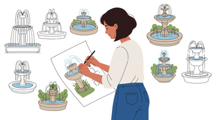Poster - Artist sketching fountain design with detailed and flat style vector illustration