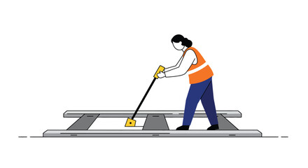 Poster - Worker using a tool to align train tracks in minimal vector art