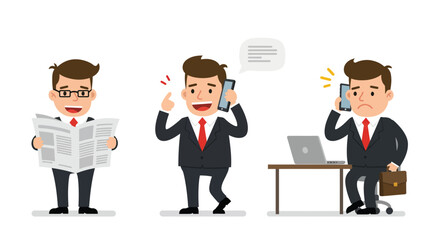Poster - Businessman transitioning from reading to talking on the phone in flat vector illustration