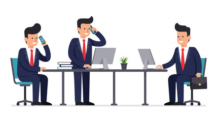 Poster - Business professional in office setting engaging with technology in flat vector art