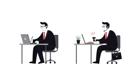 Poster - Office worker transitioning from focused task to relaxed break in flat vector art