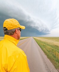 Aufkleber - Climate Crisis Chronicles Extreme Weather Professional in High-Visibility Yellow Gear Confronts Apocalyptic Supercell Thunderstorm - Cutting-Edge Environmental Resilience Documentation