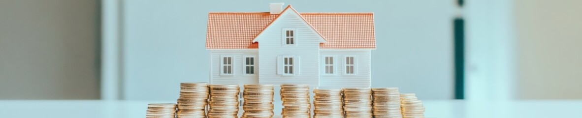 Poster - Minimalist Property Investment Visualization Stacked Gold Coins and Modern White House - Financial Growth Strategy for Wealth Building in Real Estate