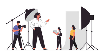 Poster - Professional photo shoot scene with diverse team using flat vector art