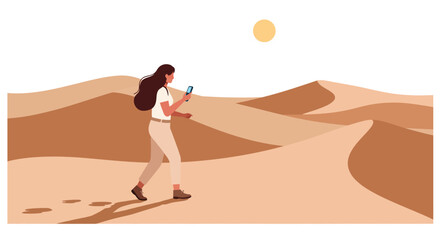 Poster - Woman walking in desert with smartphone in flat vector illustration