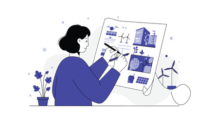 Poster - Woman sketching designs in blue and white minimal vector illustration