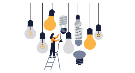 Poster - Light bulb maintenance illustration featuring a worker on a ladder in flat vector art