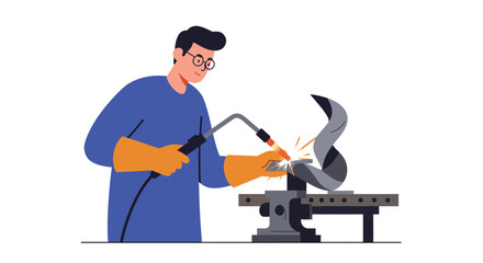 Poster - Welder working with metal on a bench in flat vector art