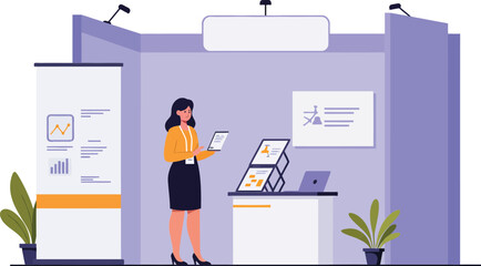 Poster - Professional woman interacting with digital display in minimal flat vector art