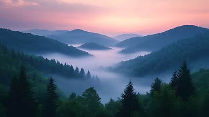 Naklejka na meble Misty sunrise valley, mountain landscape, scenic view, travel poster