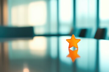 Poster - Minimalist User Experience Design Vibrant Orange Feedback Star on Blurred Corporate Glass Surface - Next-Gen Customer Insights and Interactive Branding Mockup